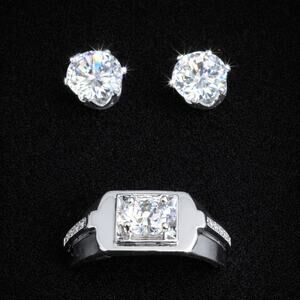 New Mens Silver Tone Ring & Stud Earrings Set Lab-Created Stones Adjustable 9–12